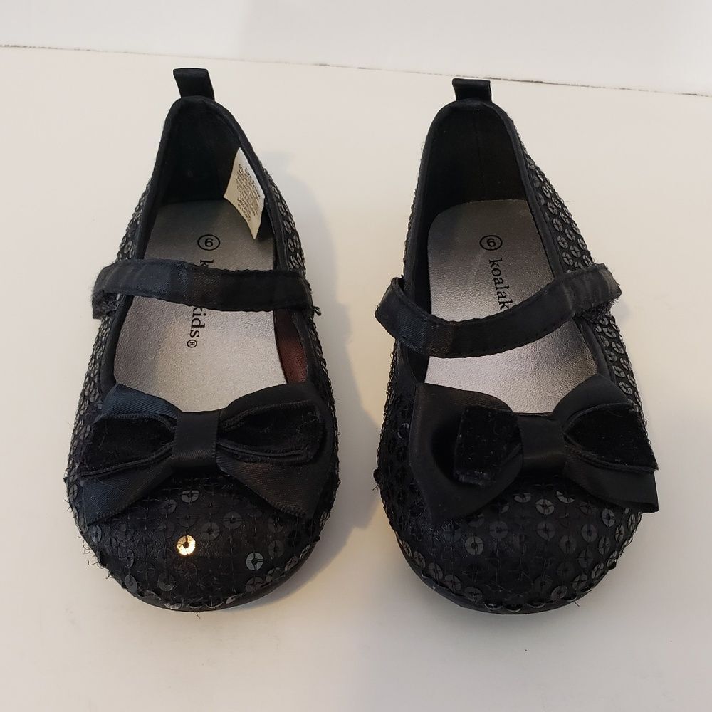 Koala Kids Black Sequin Mary Jane Flats Dress Shoes Bow Detail Toddler Size 6